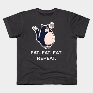 Black and White Fat Cat - Eat Eat Eat Repeat - White Font Kids T-Shirt